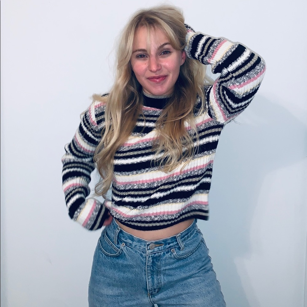 striped mock neck sweater